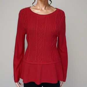 Talbots Sweater Sz M Red Knit Cables Fisherman Ruffled Hem Cotton Cashmere